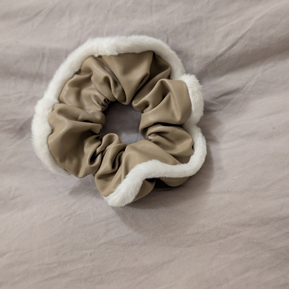 Faux Leather Tan Scrunchie with White Trim